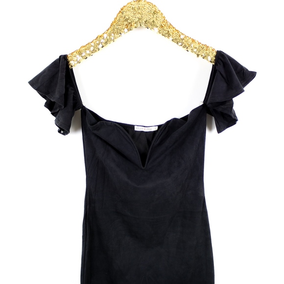 Black Off shoulder Faux Suede Bodycon Party Dress - Picture 5 of 6